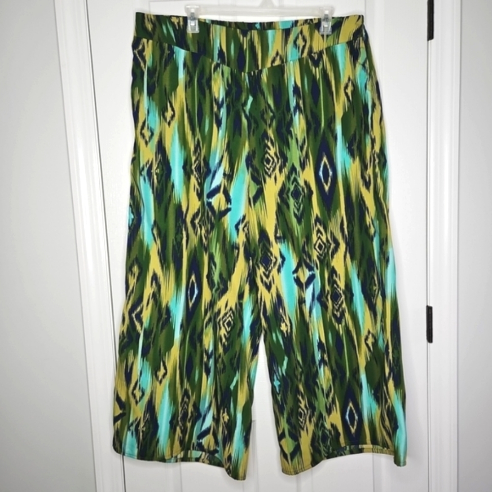 IMAN Wide Leg Palazzo Pants 2X Floral Colorful Boho Beach Stretch Lightweight
